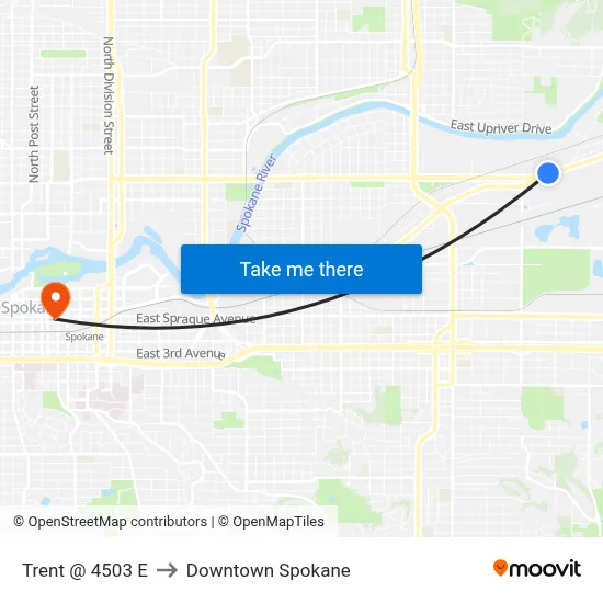 Trent @ 4503 E to Downtown Spokane map
