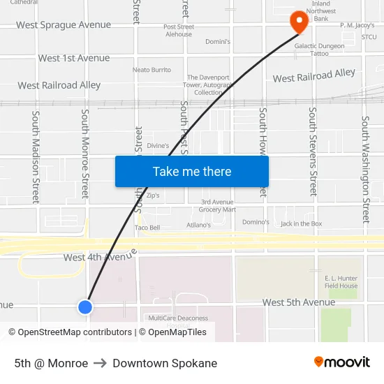 5th @ Monroe to Downtown Spokane map