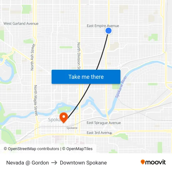 Nevada @ Gordon to Downtown Spokane map