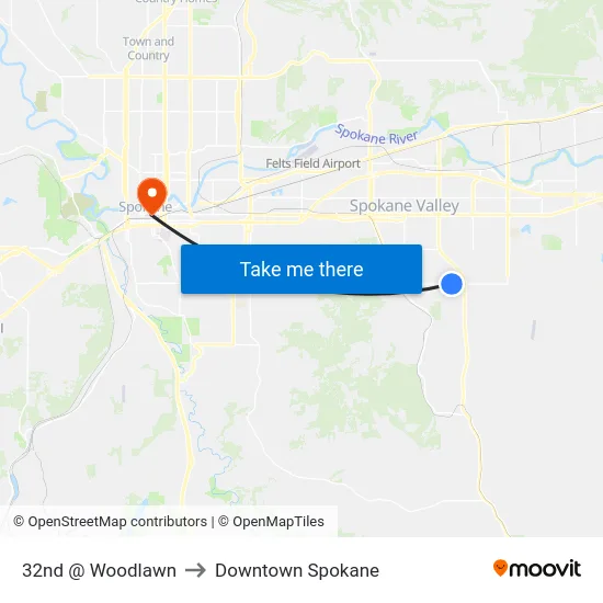 32nd @ Woodlawn to Downtown Spokane map