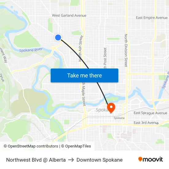Northwest Blvd @ Alberta to Downtown Spokane map