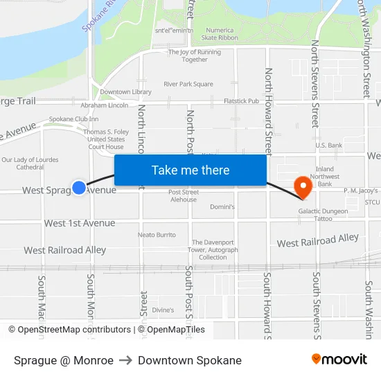 Sprague @ Monroe to Downtown Spokane map
