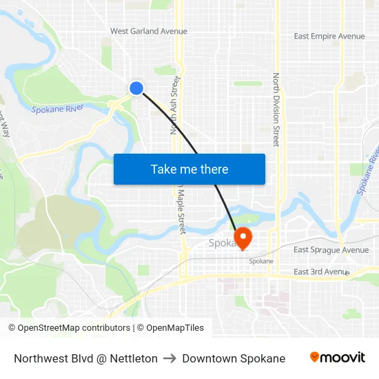 Northwest Blvd @ Nettleton to Downtown Spokane map