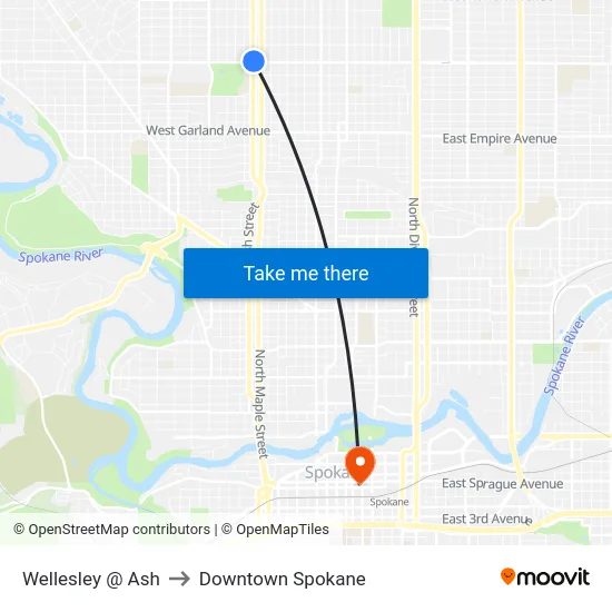 Wellesley @ Ash to Downtown Spokane map