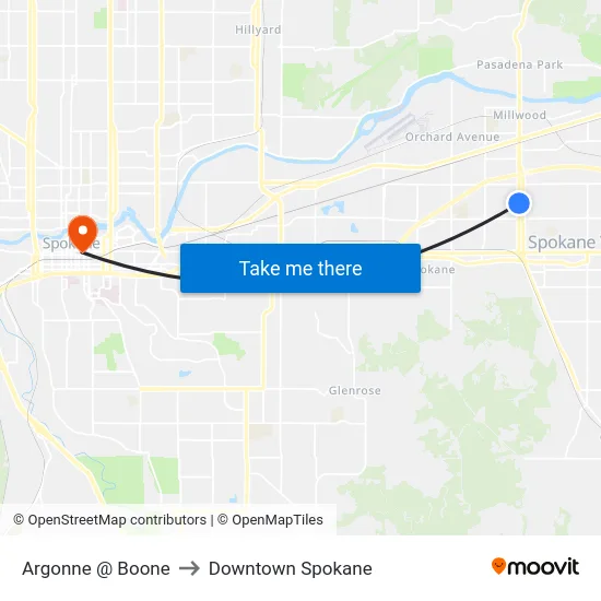 Argonne @ Boone to Downtown Spokane map