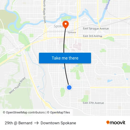 29th @ Bernard to Downtown Spokane map