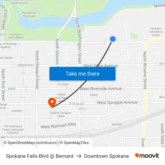 Spokane Falls Blvd @ Bernard to Downtown Spokane map