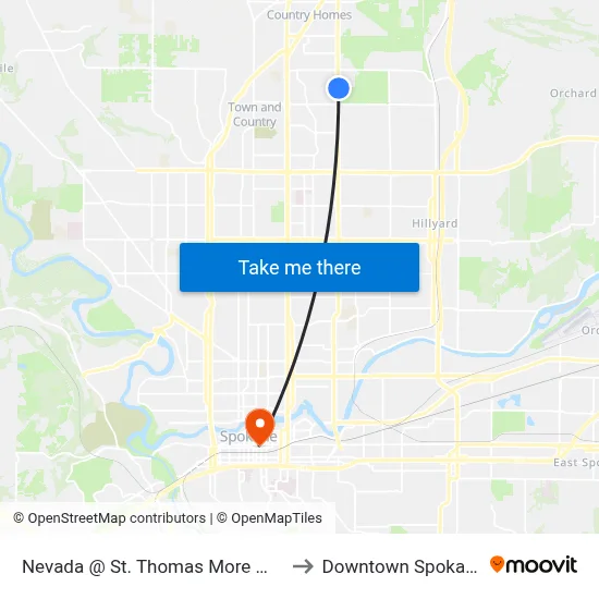 Nevada @ St. Thomas More Way to Downtown Spokane map