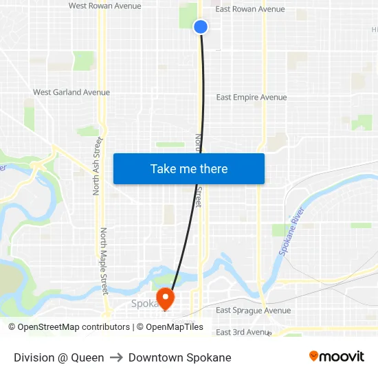 Division @ Queen to Downtown Spokane map