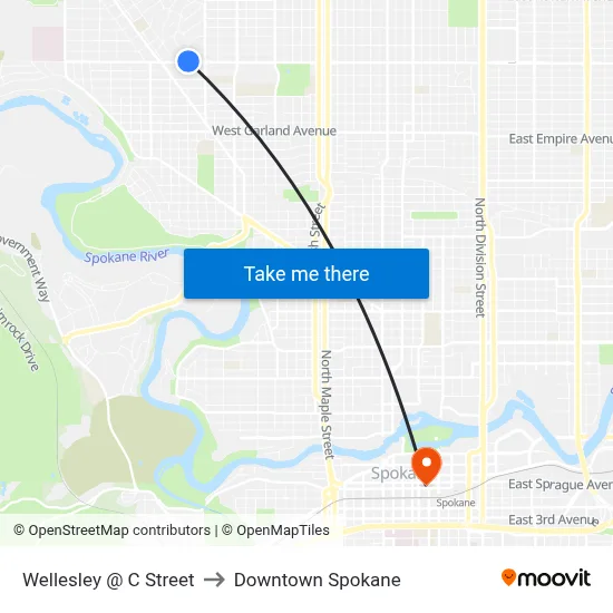 Wellesley @ C Street to Downtown Spokane map