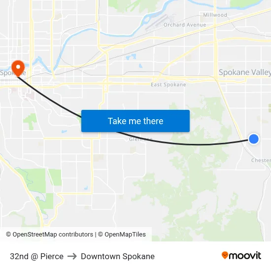32nd @ Pierce to Downtown Spokane map