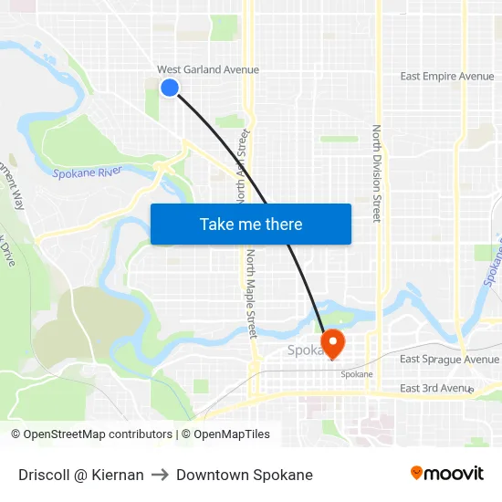 Driscoll @ Kiernan to Downtown Spokane map