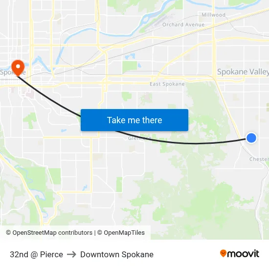 32nd @ Pierce to Downtown Spokane map