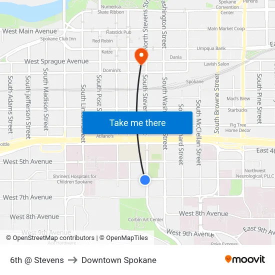 6th @ Stevens to Downtown Spokane map
