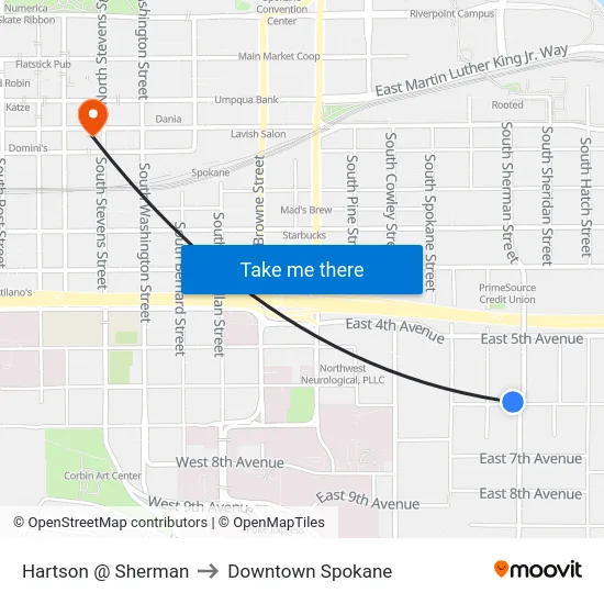 Hartson @ Sherman to Downtown Spokane map