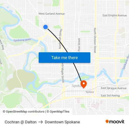 Cochran @ Dalton to Downtown Spokane map