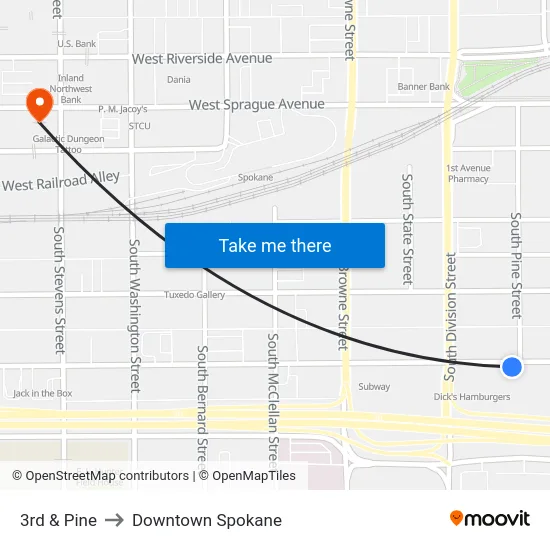 3rd & Pine to Downtown Spokane map