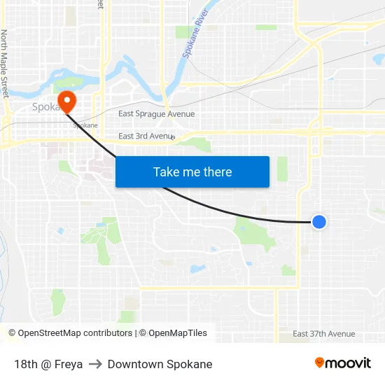 18th @ Freya to Downtown Spokane map