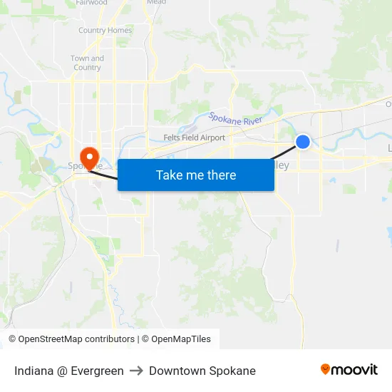 Indiana @ Evergreen to Downtown Spokane map