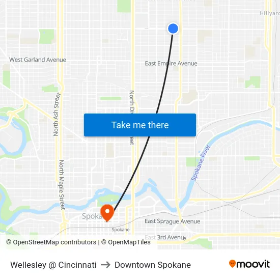 Wellesley @ Cincinnati to Downtown Spokane map