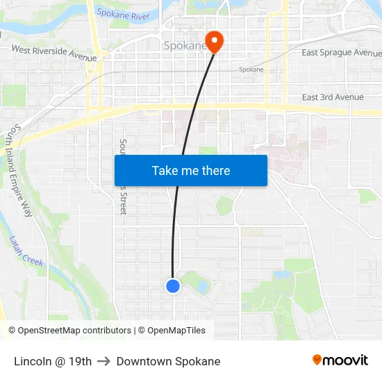 Lincoln @ 19th to Downtown Spokane map