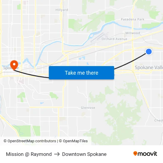 Mission @ Raymond to Downtown Spokane map