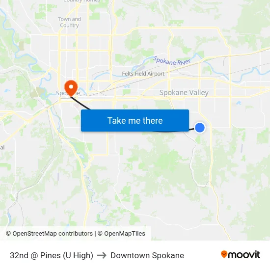 32nd @ Pines (U High) to Downtown Spokane map
