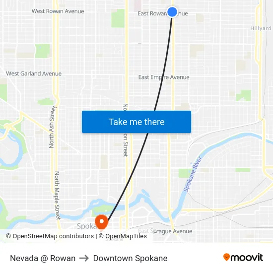 Nevada @ Rowan to Downtown Spokane map
