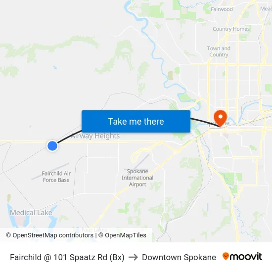 Fairchild @ 101 Spaatz Rd (Bx) to Downtown Spokane map