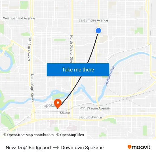 Nevada @ Bridgeport to Downtown Spokane map