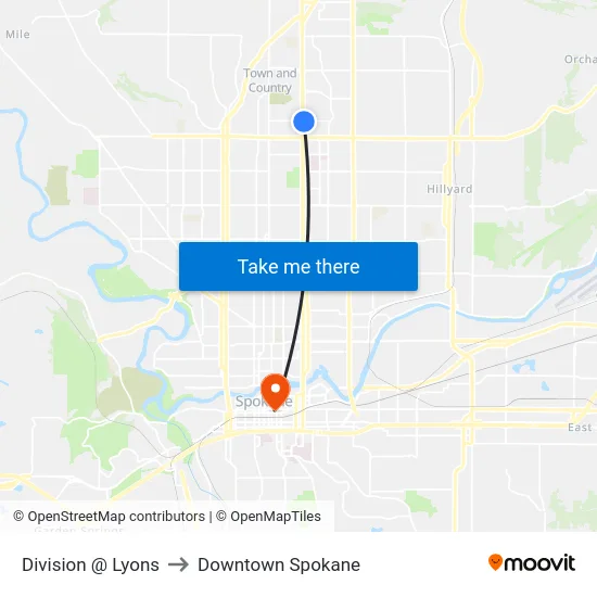 Division @ Lyons to Downtown Spokane map