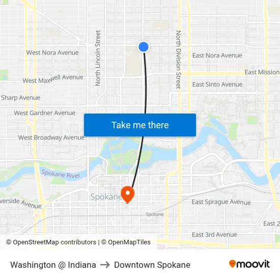 Washington @ Indiana to Downtown Spokane map