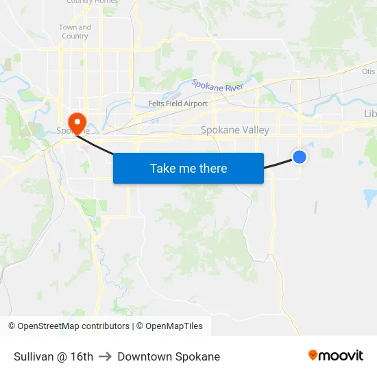 Sullivan @ 16th to Downtown Spokane map
