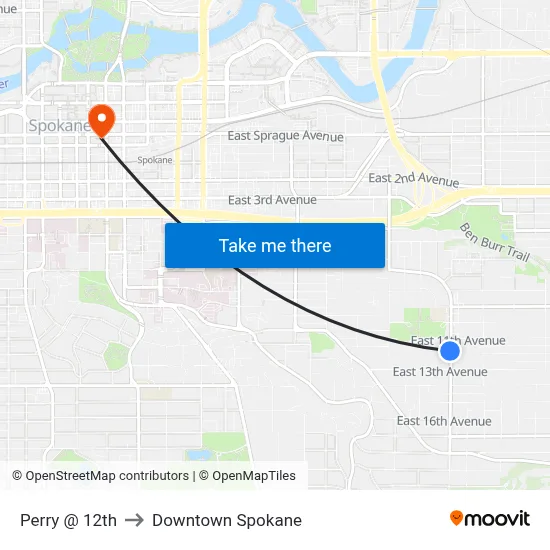 Perry @ 12th to Downtown Spokane map