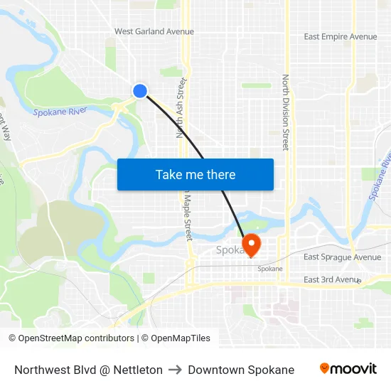 Northwest Blvd @ Nettleton to Downtown Spokane map