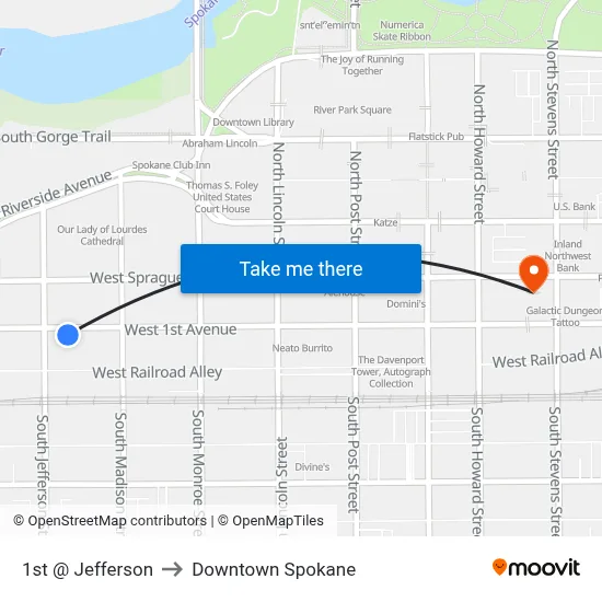 1st @ Jefferson to Downtown Spokane map