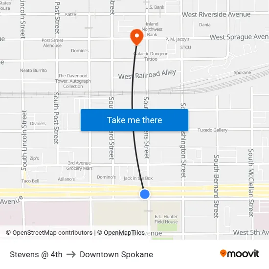 Stevens @ 4th to Downtown Spokane map