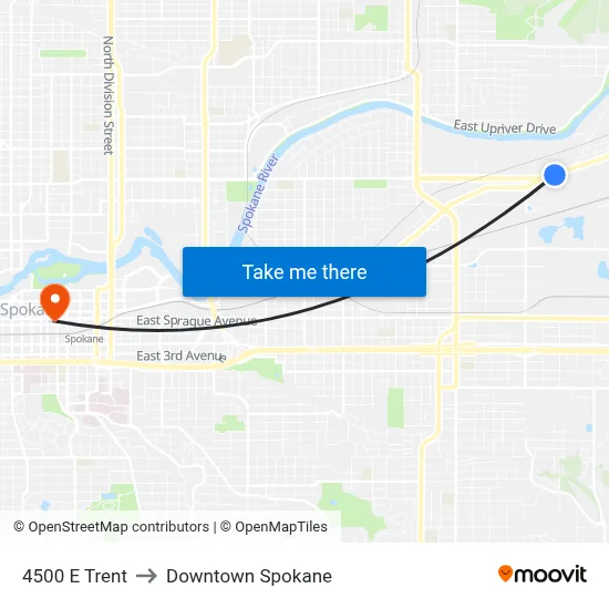 4500 E Trent to Downtown Spokane map
