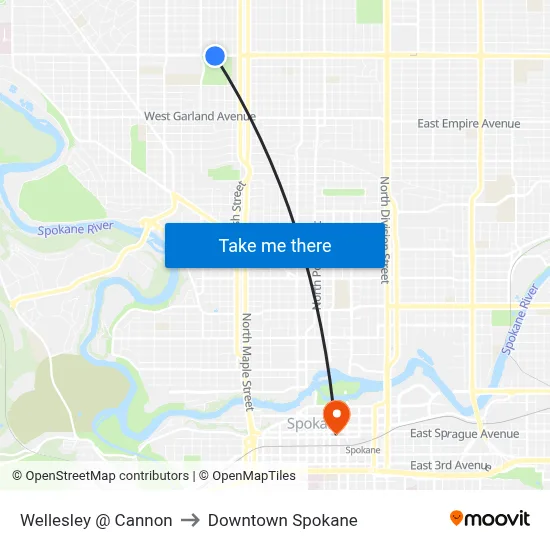 Wellesley @ Cannon to Downtown Spokane map