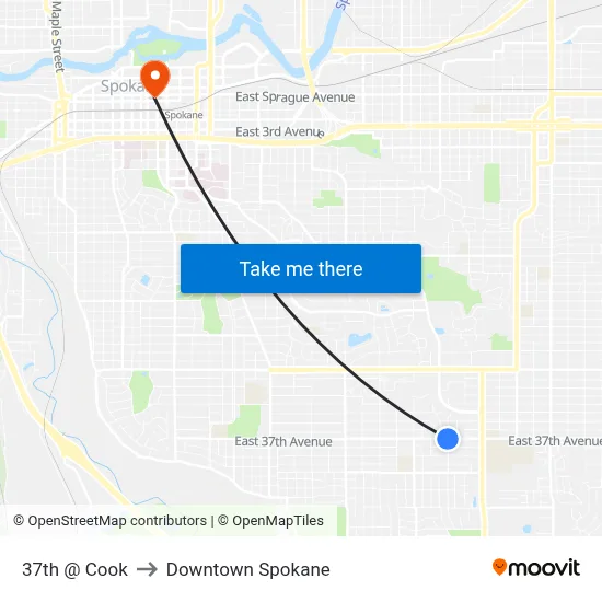 37th @ Cook to Downtown Spokane map