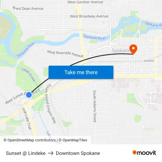 Sunset @ Lindeke to Downtown Spokane map