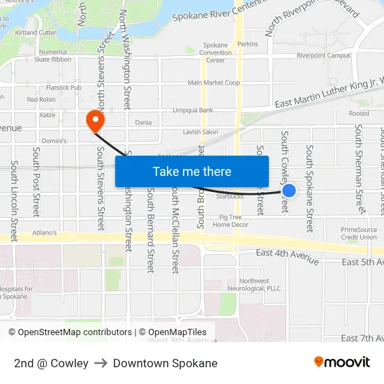 2nd @ Cowley to Downtown Spokane map