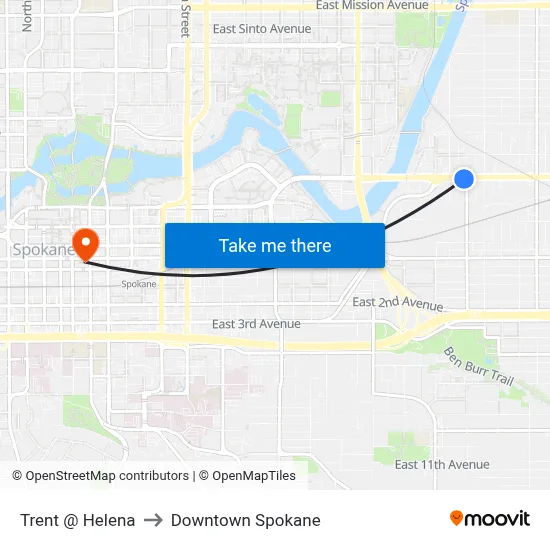 Trent @ Helena to Downtown Spokane map