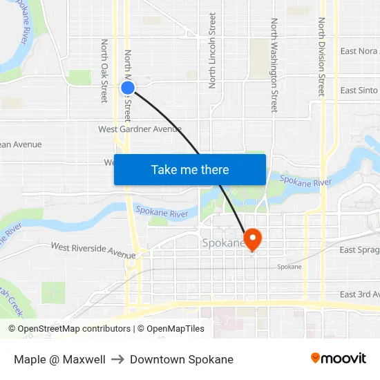 Maple @ Maxwell to Downtown Spokane map