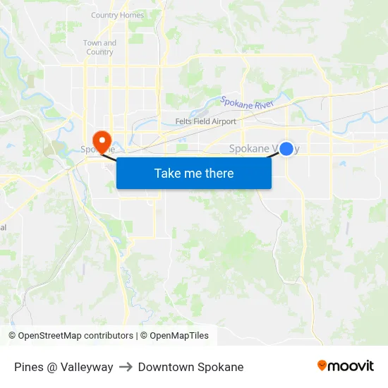 Pines @ Valleyway to Downtown Spokane map