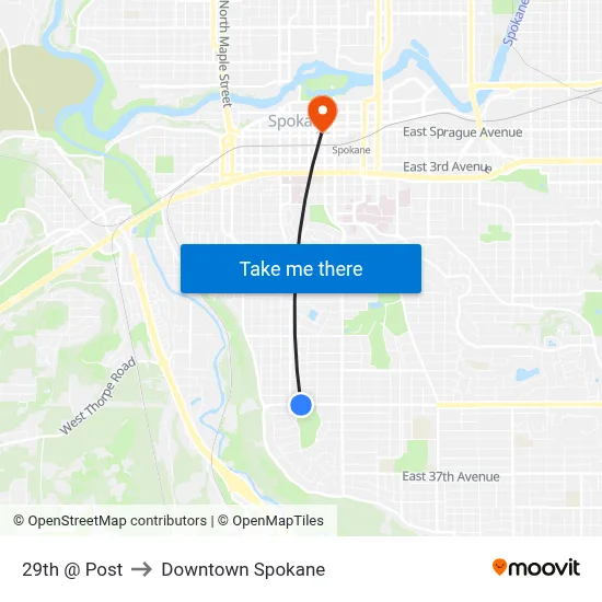 29th @ Post to Downtown Spokane map