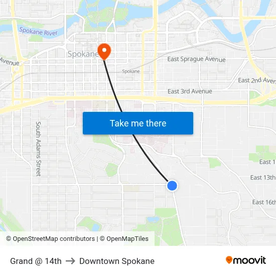 Grand @ 14th to Downtown Spokane map