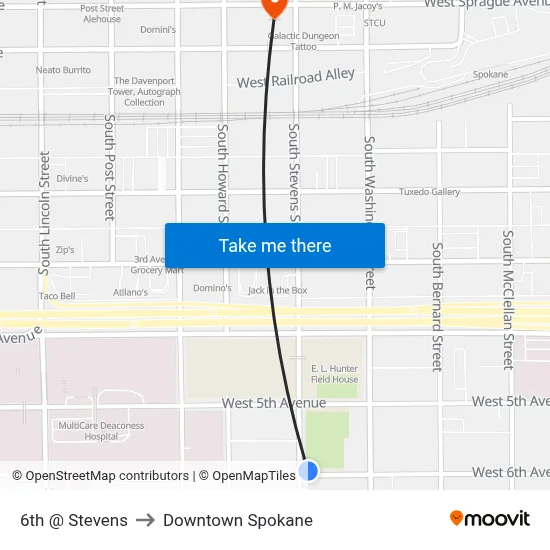 6th @ Stevens to Downtown Spokane map