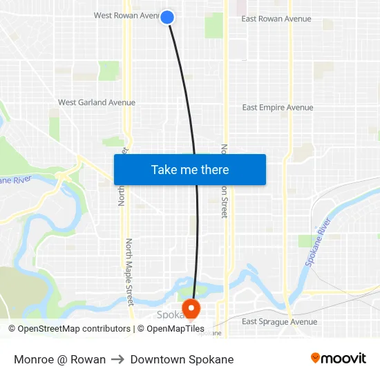 Monroe @ Rowan to Downtown Spokane map