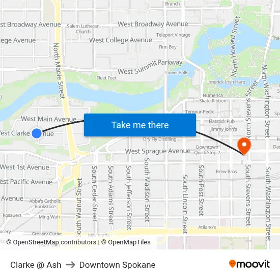 Clarke @ Ash to Downtown Spokane map